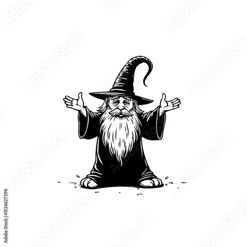 Enchanting wizard cartoon character with outstretched arms and whimsical hat