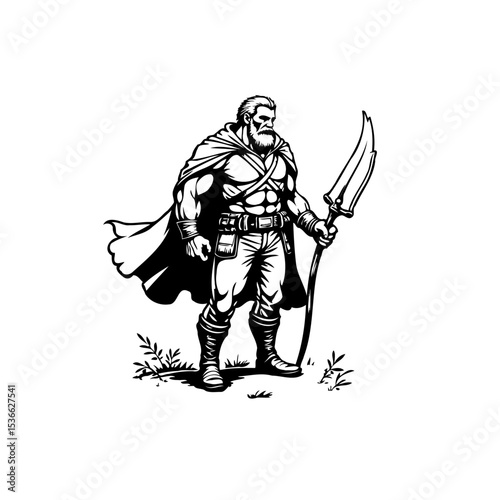 Powerful bearded hero with flowing cape and weapon, standing tall in a stylized illustration