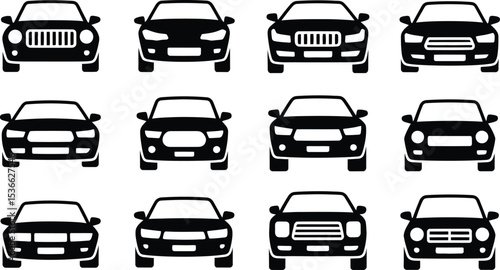 Collection of Twelve Different Car Front View Icons in Black Silhouette Style