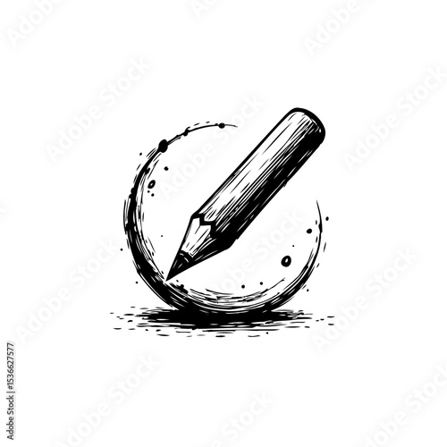 A hand-drawn pencil illustration with circular splatter, conveying creativity and design