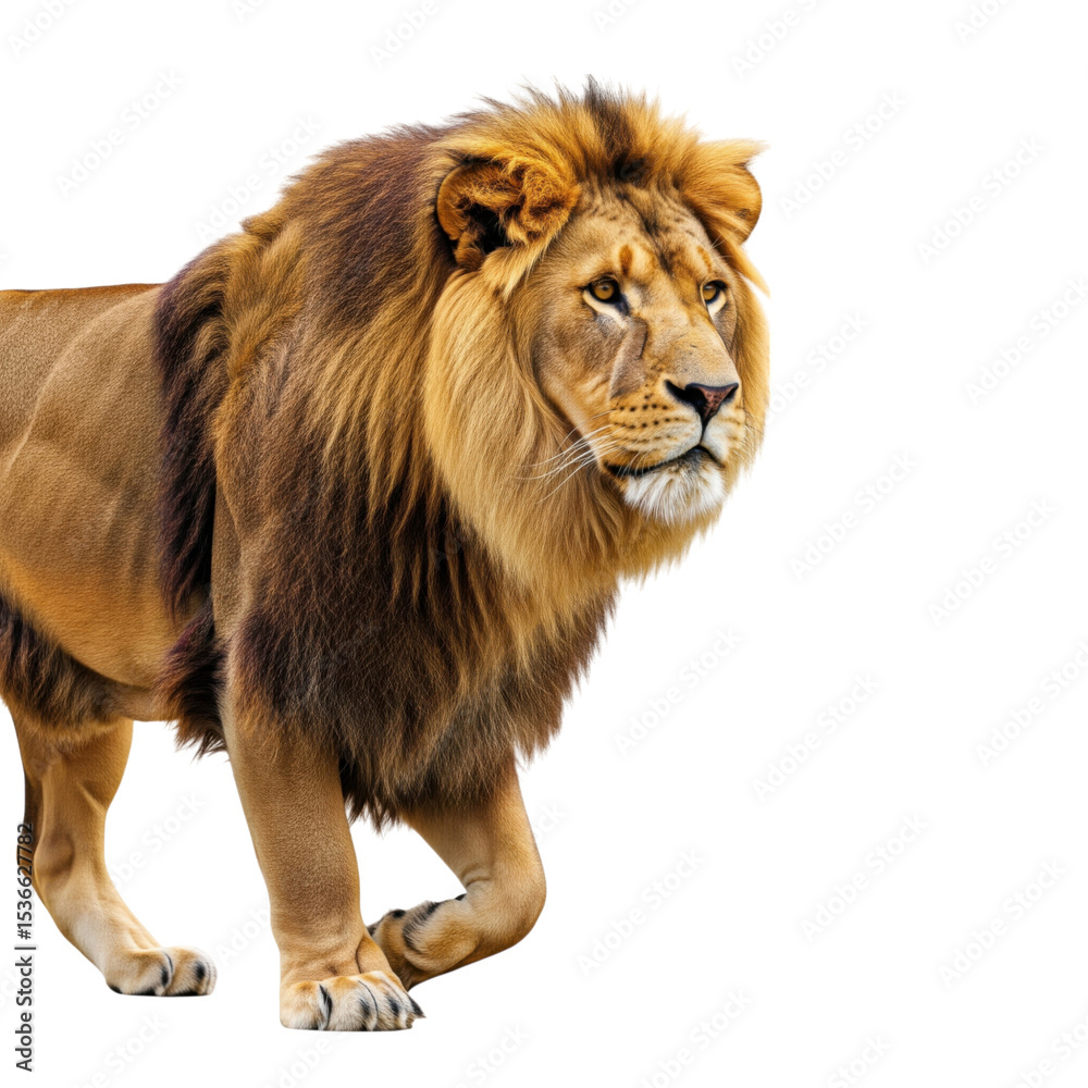 Obraz premium Majestic lion portrait against stark background showcasing power and grace