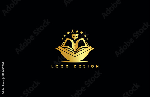 Elegant gold academic logo design with open book, graduation cap, and stars on black background, perfect for educational brands, institutions, and online learning platforms