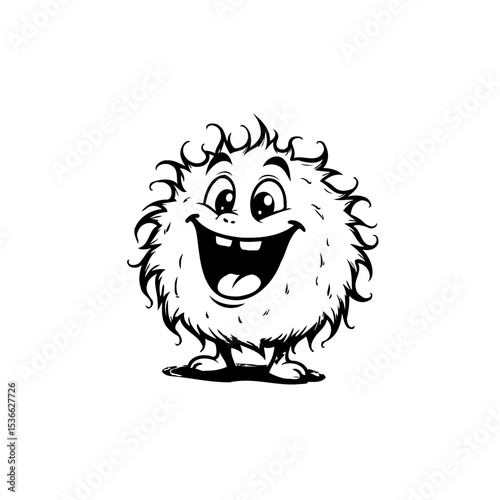 Whimsical Cartoon Character: A Fluffy Monster with a Cheerful Expression and Black Outline