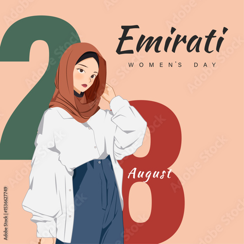 Emirates Women's Day Design with Female with Hijab Vector Illustration. Emirati Womens Day Template Suitable for Poster Banner Flyer Background. UAE Women's Day August.