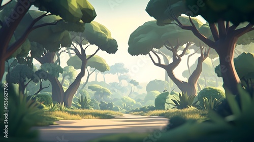 Low Poly Forest Path,  Misty Morning in a Stylized Jungle