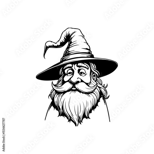 Wizard with a Hat in Black and White, Cartoon Vector Illustration, Vintage Character
