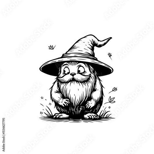 Whimsical wizard creature illustration with a pointy hat and bushy beard