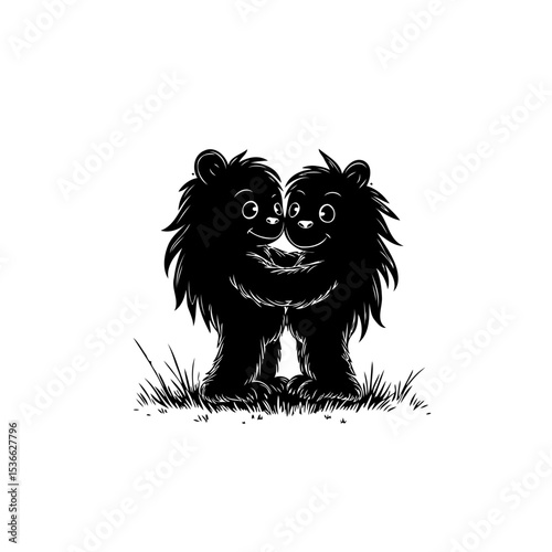 Two playful cartoon bear cubs embracing in black and white monochrome illustration