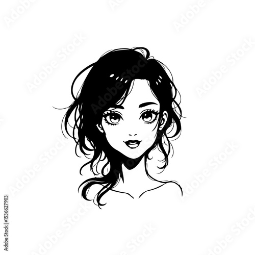 Anime-Inspired Portrait of a Young Woman with Flowing Hair in Black and White