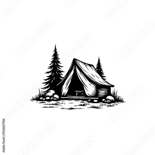 Monochrome camping scene featuring a tent nestled among pine trees and rocks