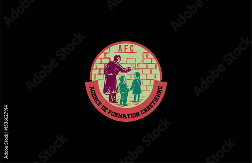 Retro badge-style logo featuring teacher guiding children with symbolic brick wall, ideal for faith-based education, religious institutions, or moral training schools