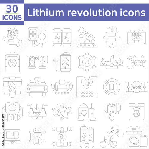 Lithium revolution decarbonization. Consumer portable electronics. Isolated vector illustrations. Simple filled line drawings collection