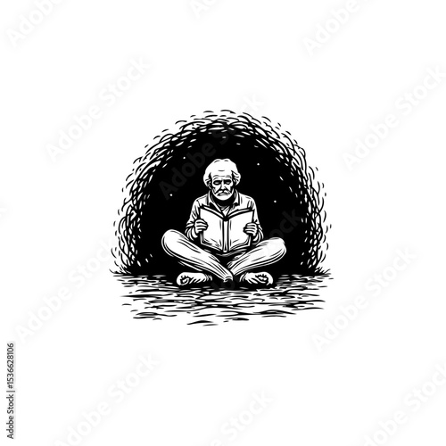 Serene scholar absorbed in literature, an elderly man engrossed in reading a book