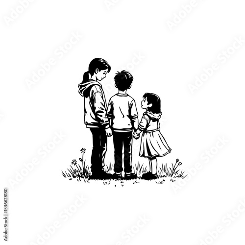 Monochrome illustration of three children holding hands, facing away, together