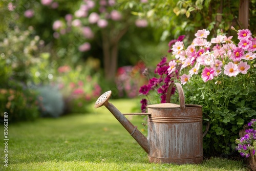 Gardening Tips for Summer. Old metal watering can resting on grass near blooming pink flowers in a sunny garden, captured in natural light, concept of gardening life. photo