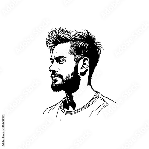 Detailed monochrome illustration of a stylish man with beard and modern hairstyle