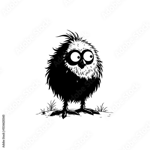 Whimsical black and white cartoon character with expressive eyes on white background