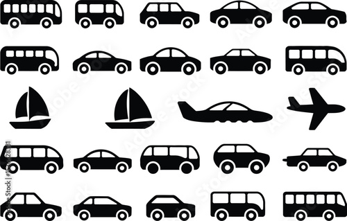 Variety of Transportation Icons Including Cars Buses Airplanes and Sailboats in Black