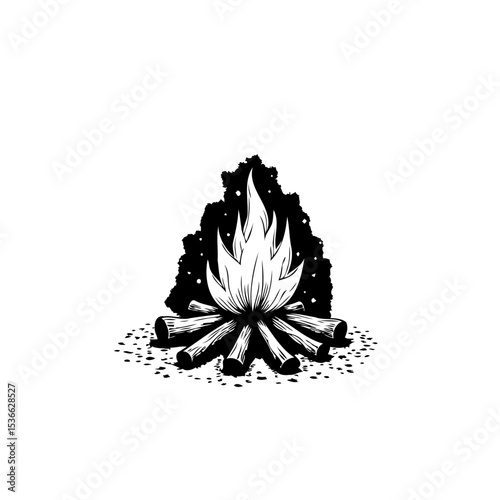 Stylized campfire drawing in monochrome evokes warmth and outdoor atmosphere