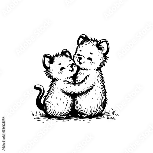 Affectionate pair of illustrated rodents sharing a heartwarming embrace in black and white