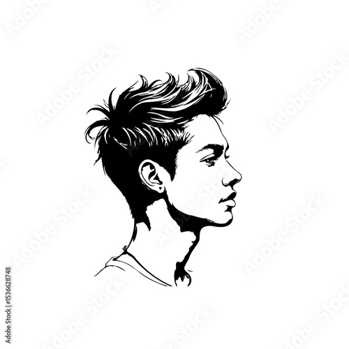 Stylish male portrait with a modern hairstyle in black and white vector art