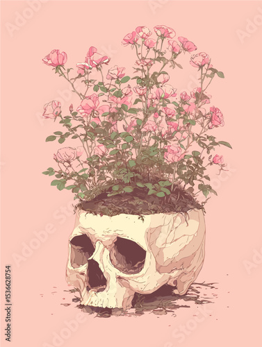Surreal skull planter with blooming pink roses on coral background. Gothic botanical art symbolizing life from death, growth, transformation. Perfect for alternative design projects