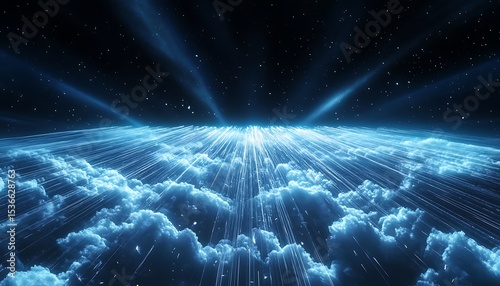 Pulsing cyber aurora rays in glacier white and navy over dark tech sky