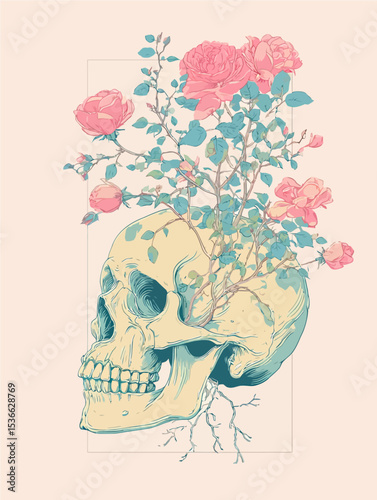 Surreal skull planter with blooming pink roses on coral background. Gothic botanical art symbolizing life from death, growth, transformation. Perfect for alternative design projects
