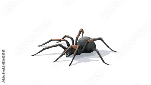A detailed close-up image of a black spider on a pure white background. The spider is sharply focused, showing its eight legs, body segments, and subtle textural details. The lighting is even and