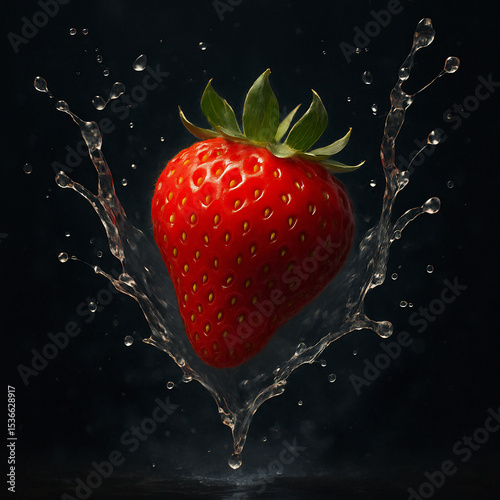 A strawberry with water splash on dark background