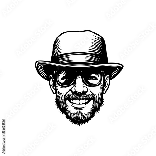 Stylish Bearded Man with Hat and Sunglasses: A Retro Vector Illustration