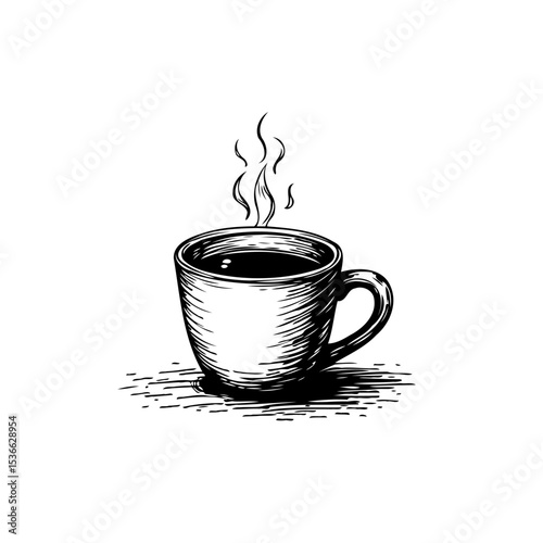Vintage style coffee illustration with rising steam against a white background