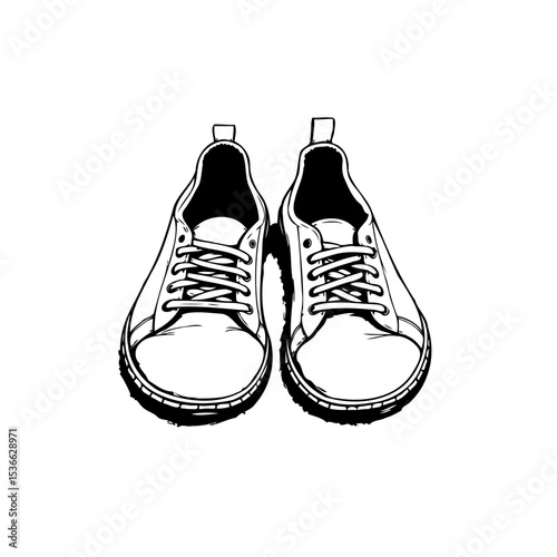 Monochrome footwear illustration showcasing athletic sneakers with detailed laces design