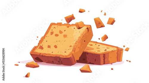 A digital illustration depicting two slices of pound cake, seemingly freshly cut, with numerous crumbs scattered around them against a stark white background. The cake slices are rendered with a