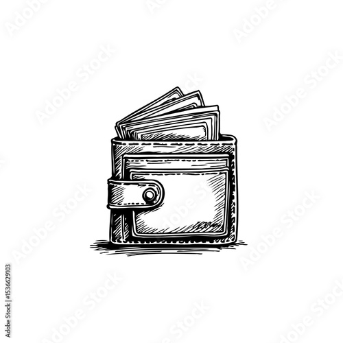 Monochrome illustration showcasing a wallet filled with money on a white surface