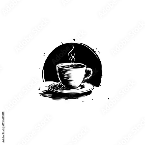 Monochrome Delight: Artistic Rendition of Steaming Coffee Cup and Saucer Image