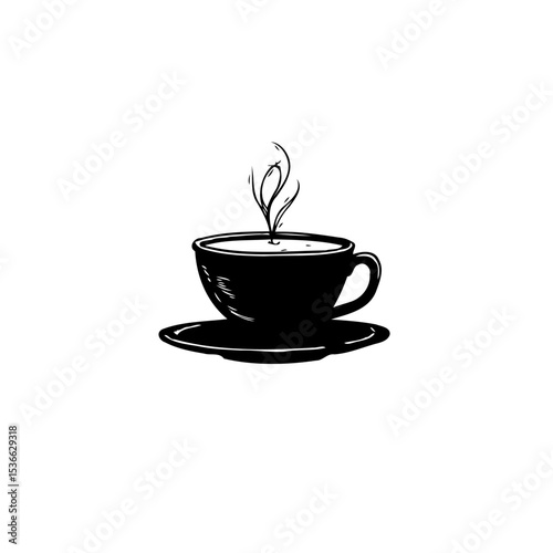 Minimalist black and white illustration of a steaming cup of coffee on a saucer
