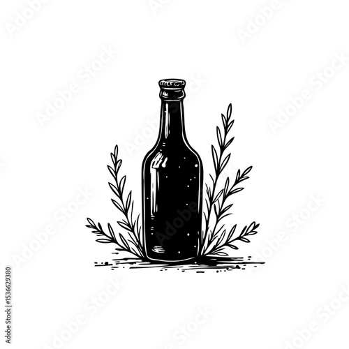 Elegant black and white drawing of a vintage bottle with botanical elements
