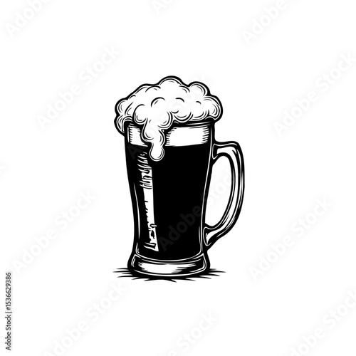 A Crisp Pint: Detailed Black and White Illustration of a Beer with Frothy Head