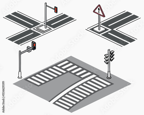 Road Intersection Set with Different Pieces and a Cat Illustration Design