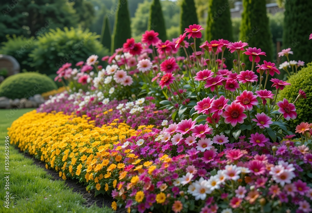 Obraz premium Beautiful vibrant flower bed blooming with colorful pink yellow white and purple flowers in garden