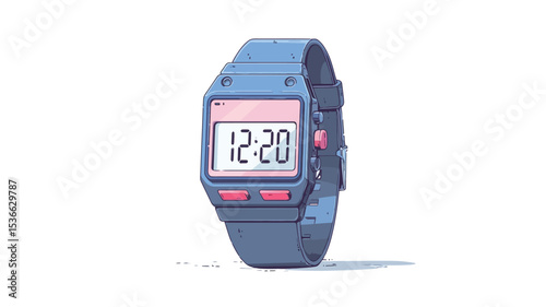 A digital illustration of a digital wristwatch. The watch is predominantly dark blue with a rectangular digital display showing the time "12:20".  It has light pink buttons on the sides and a dark