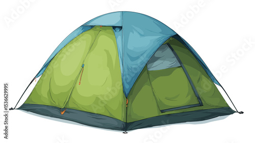 A digital illustration of a dome-style camping tent. The tent is primarily lime green with a light blue flysheet. The tent has a single door and is shown from a slightly elevated three-quarter view