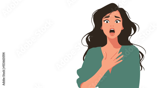 Digital illustration of a young woman with long dark brown hair, wearing a teal/green dress.  Her facial expression is one of shock and surprise, her mouth open and her hand placed on her chest.