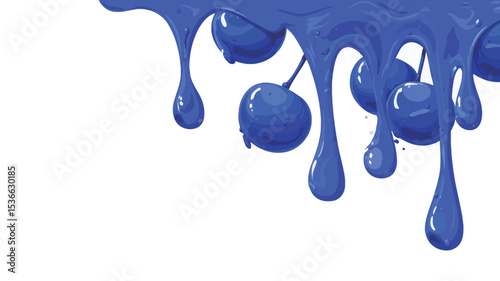 Close-up shot of blue paint dripping over a cluster of cherries against a white background. The paint is glossy and creates a dynamic texture. The cherries are partially submerged in or coated with