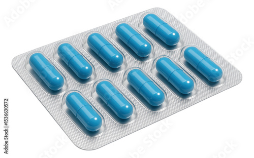 A blister pack containing ten blue capsules arranged in two rows of five on transparent background.