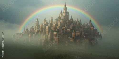 A city skyline under a rainbow with fog and clouds surrounding the buildings and architecture