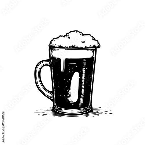Hand drawn dark beer glass illustration with foam against a white backdrop