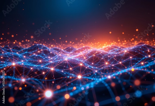 abstract visualization of interconnected glowing network nodes representing technology and data flow in a digital landscape