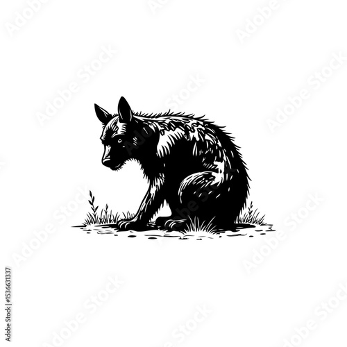 Monochrome Illustration of a Sitting Hyena in its Natural Habitat, Black and White
